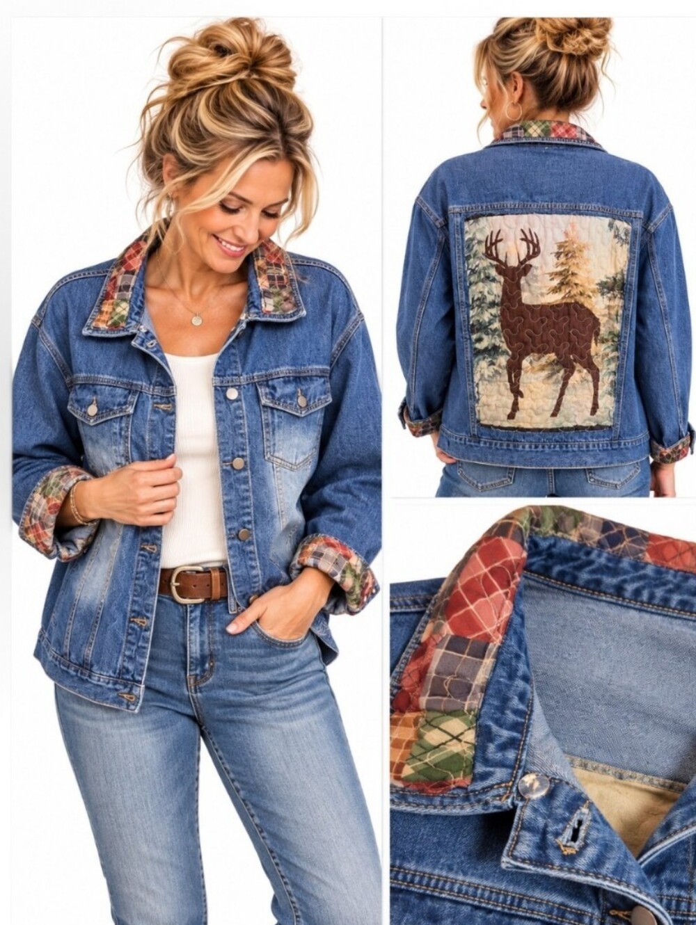 Cimuk XL Denim Jacket Handmade Upcycled Deer Patch Plaid Trim Cottagecore